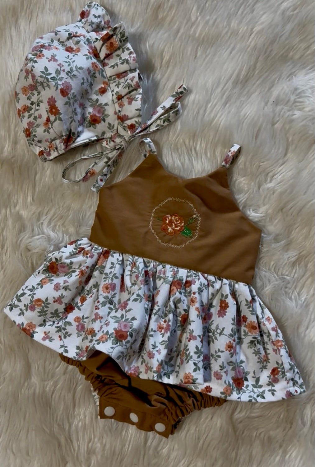 Handmade floral bubble romper and matching bonnet Size Newborn