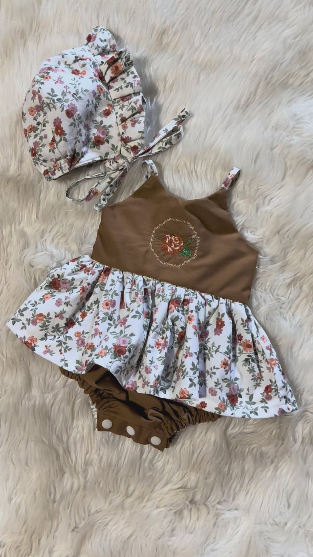 Handmade floral bubble romper and matching bonnet Size Newborn